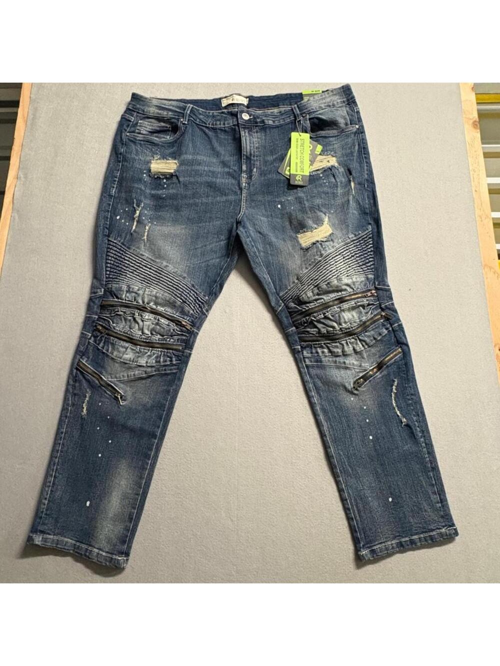 Refinery Republic Moto Jeans Mens 46 Blue Distressed Paint Splatter Biker Denim